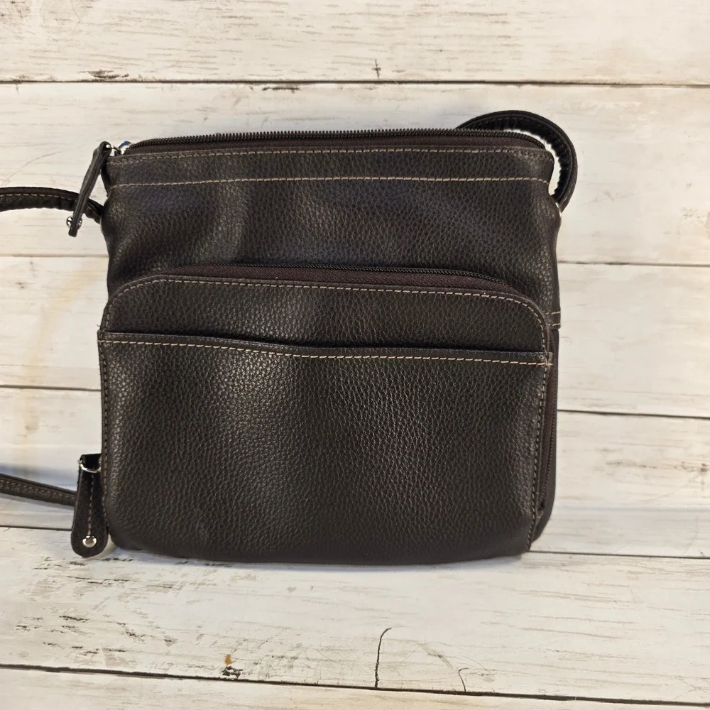 Tignanello Dark Brown Pebbled Leather Crossbody‎ Bag Organizer Contrast Stitch